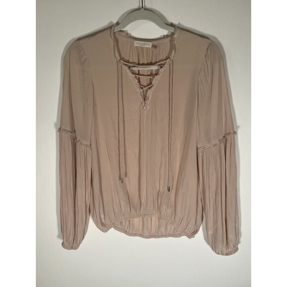 Ramy Brook light pink lace-up peasant blouse ruffle fringe sz XS coquette - Picture 1 of 10